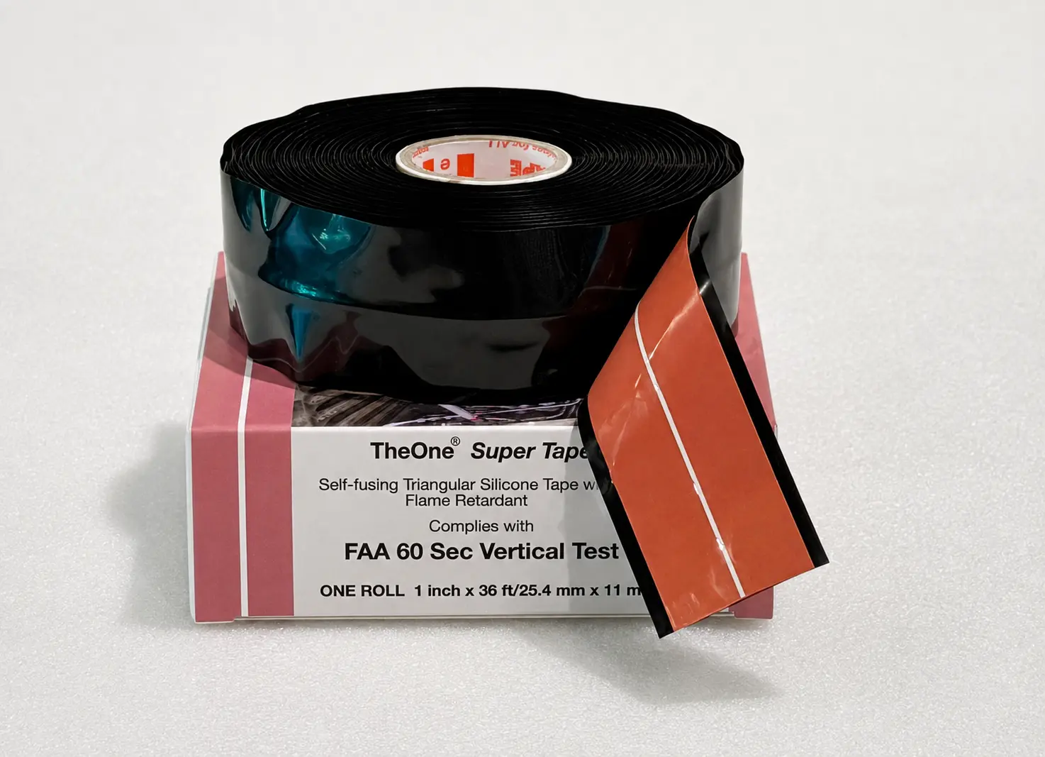 TheOne Super Tape roll with a sample piece and its product packaging.
