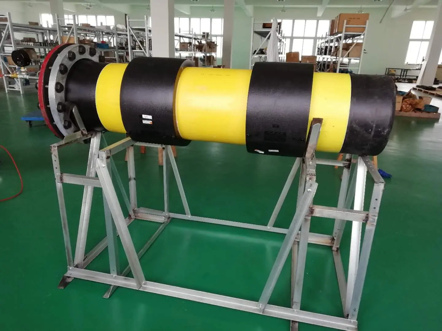 400 mm PE test pipe mounted on a support frame